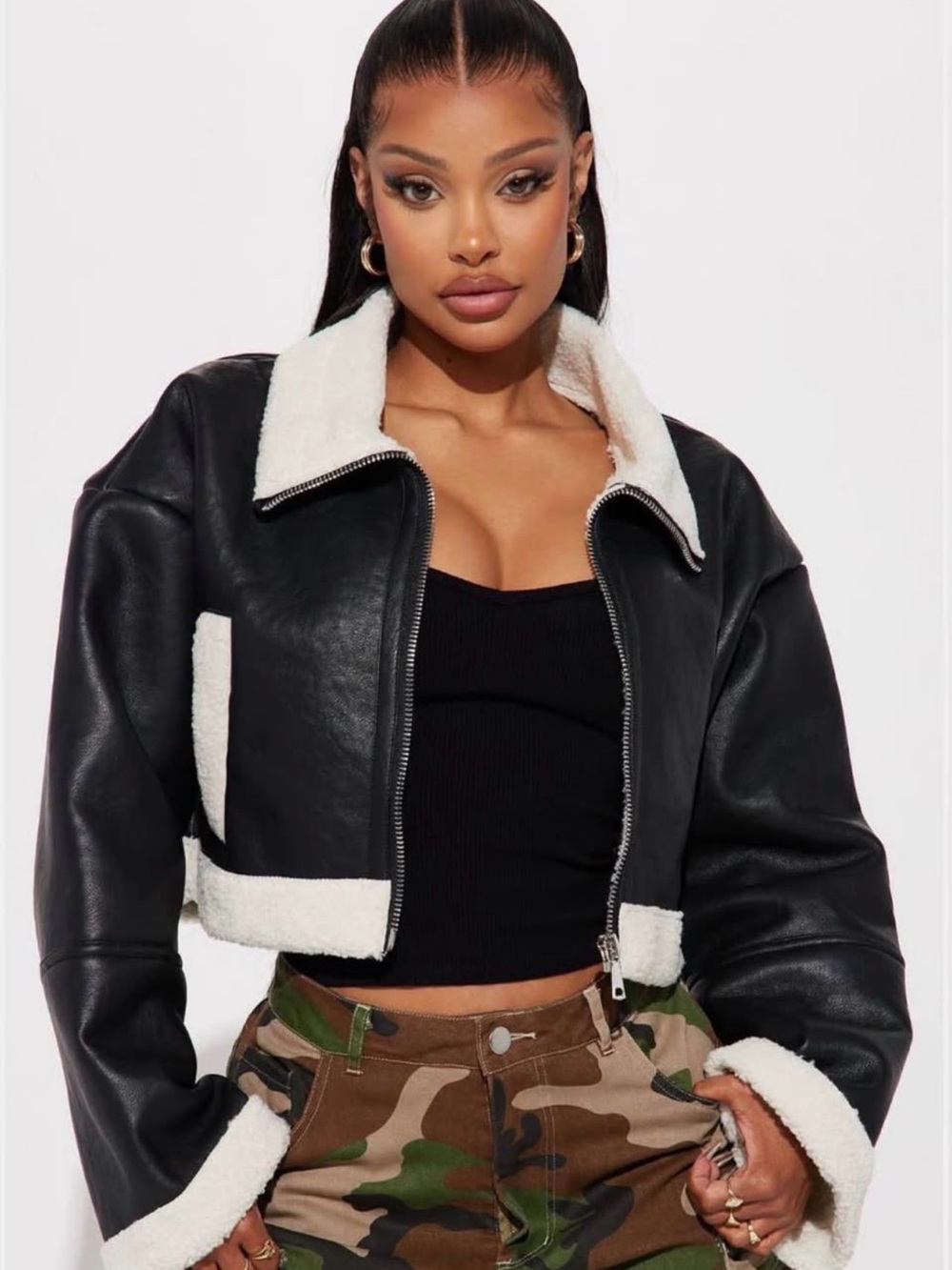 Black Faux-Leather Sherpa Trim Cropped Jacket